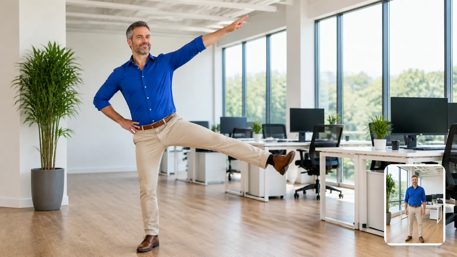 Illustration: in a bright open-plan office, a man in a blue shirt kicks out to the side with a hand on his hip; a corner inset shows him standing by the same desks