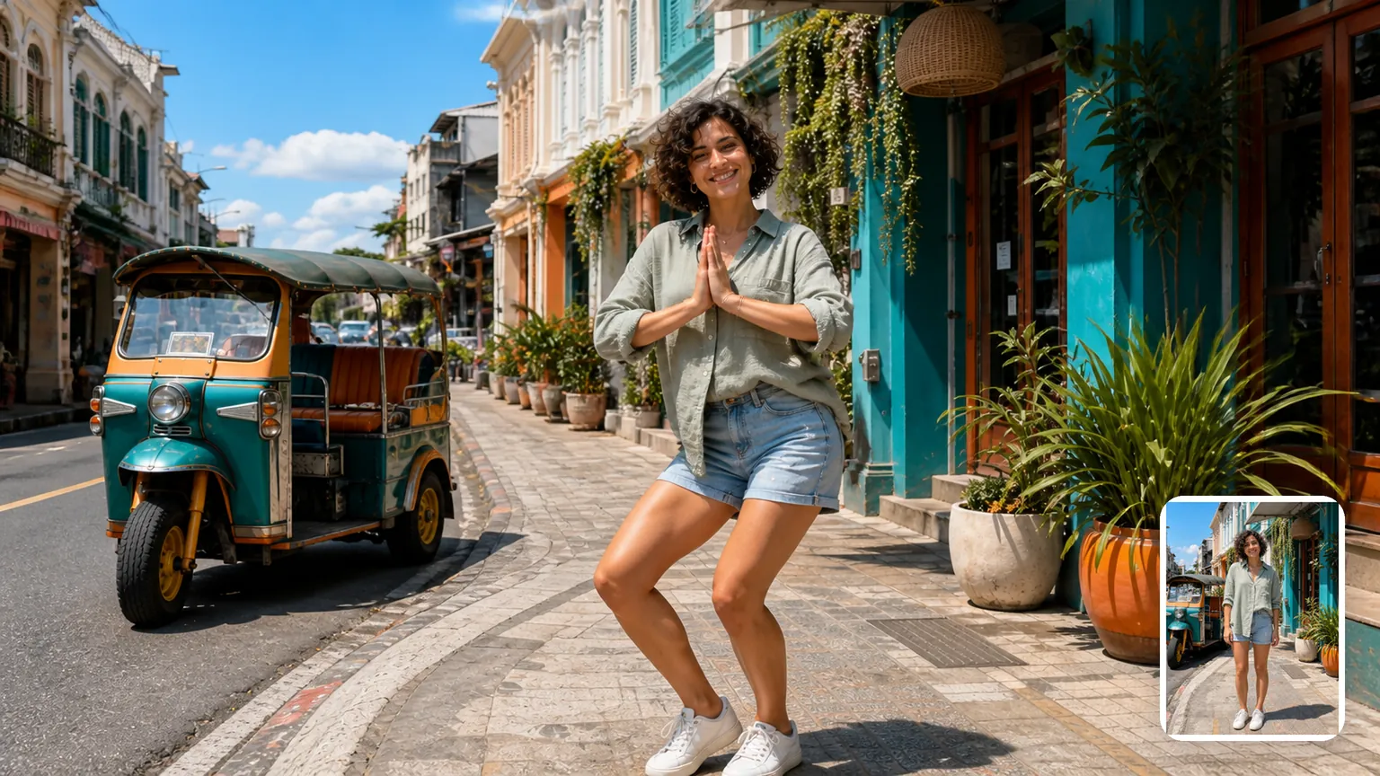 Illustration: on a sunny Bangkok street beside a tuk-tuk, a woman presses her palms together mid-dance; a corner inset shows her standing in the same spot
