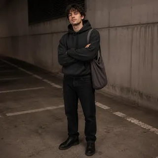 A man in a dark hoodie with his arms folded and his hands tucked out of sight, in a blurred concrete garage
