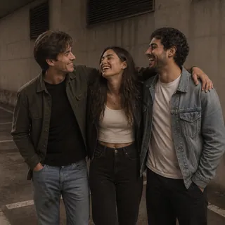 Three friends laughing with their arms around each other in a blurred concrete garage