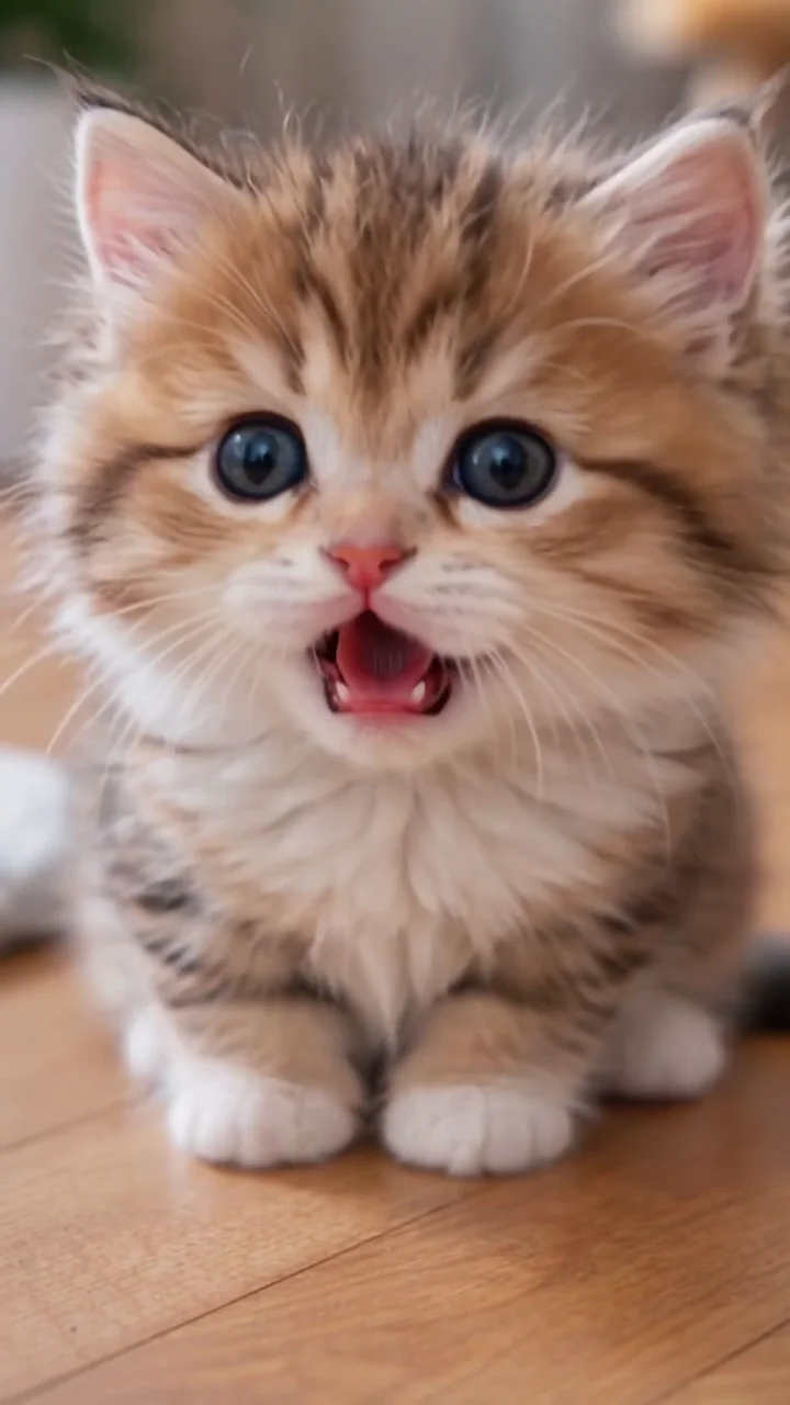 A cat in close-up with its eyes wide open, staring straight into the camera in a bright room