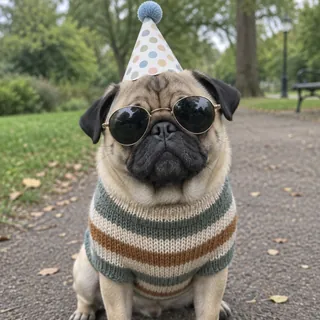 巴哥犬在公园里戴着墨镜和派对帽，穿着条纹毛衣