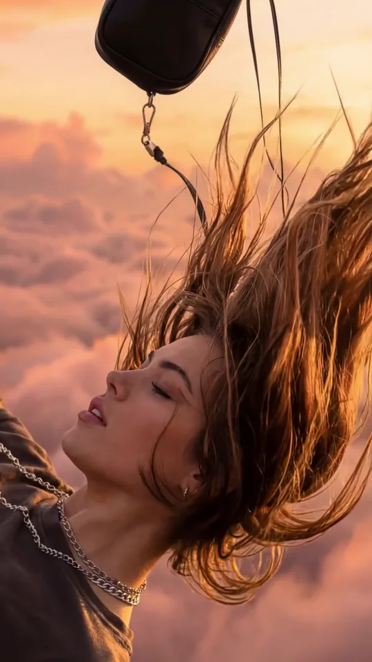 Close-up of the woman's calm face with eyes closed, long hair blown upward and a silver chain at her neck, pink clouds behind
