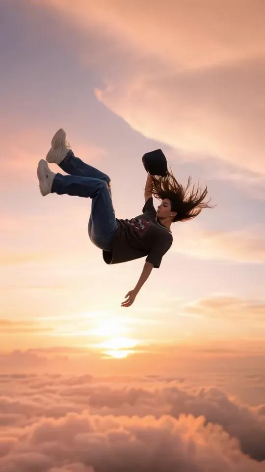 A woman in jeans and white sneakers falls on her back across a rose-pink sky holding a small black bag, the sun low over the clouds below