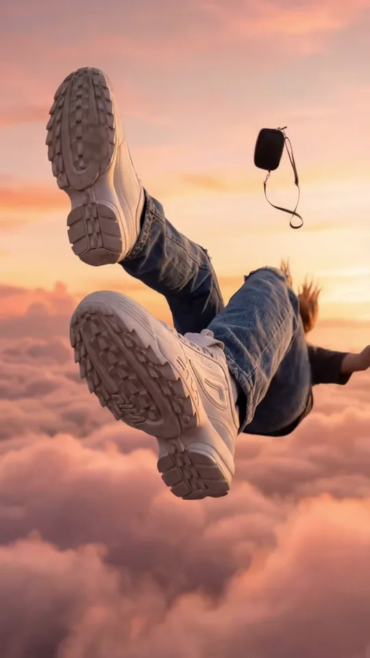 Low-angle close-up of white chunky sneakers and blue jeans in mid-air, a small black bag drifting away over pink clouds