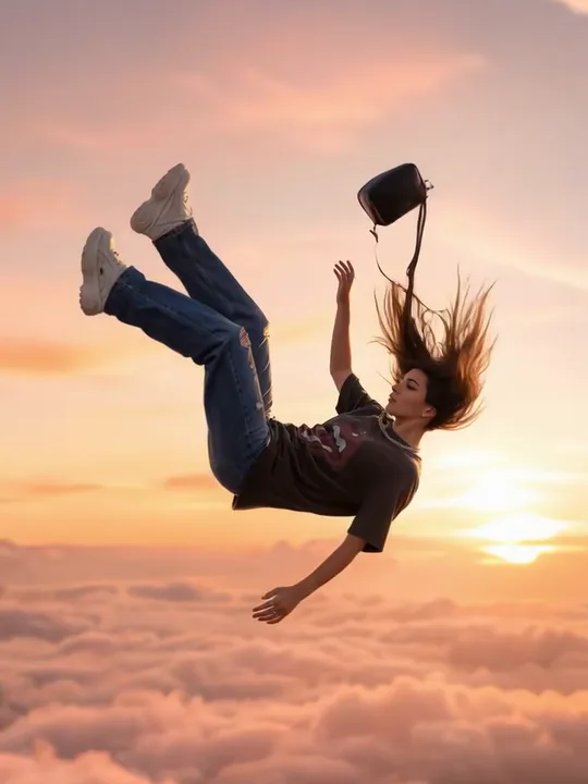 The woman from the example mid-fall above sunset clouds, legs up and one arm reaching toward her drifting bag