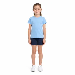 A smiling girl in a light-blue T-shirt and navy shorts standing, seen from head to shoes on a white background