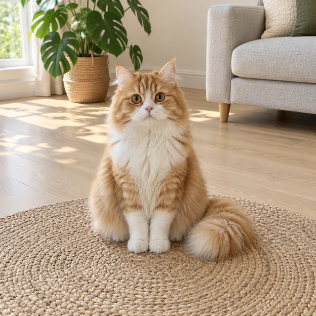 A fluffy ginger-and-white cat sitting upright on a round woven rug in a sunny living room
