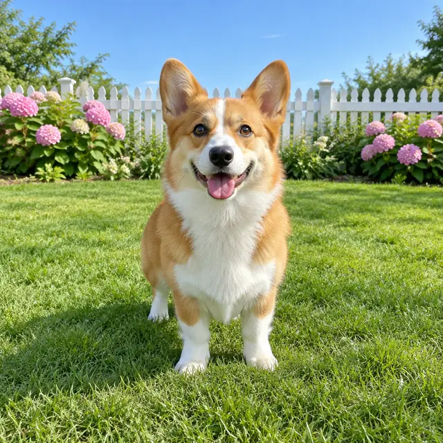 A smiling corgi standing on a green garden lawn in front of a white picket fence and pink hydrangeas