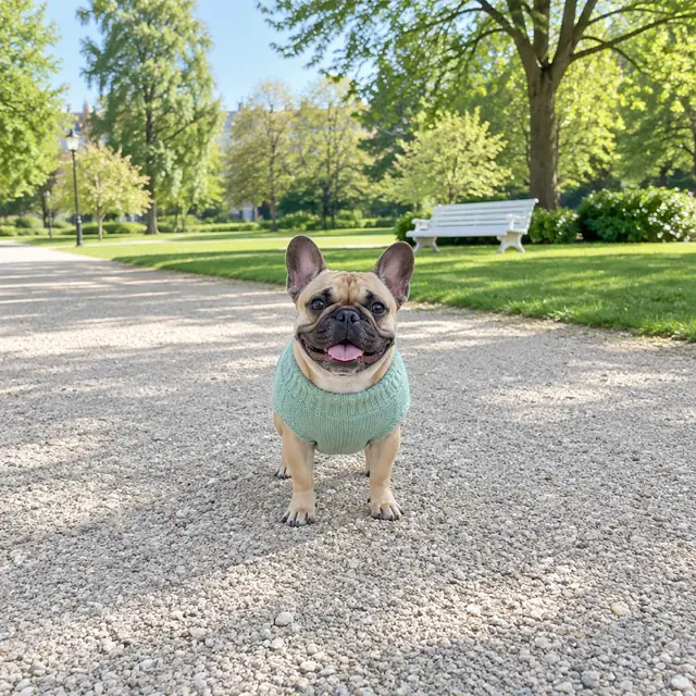 A French bulldog in a mint-green knitted sweater standing on a gravel path in a sunny park