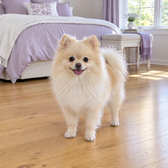 A cream Pomeranian standing on a wooden bedroom floor at the foot of a bed with lavender bedding