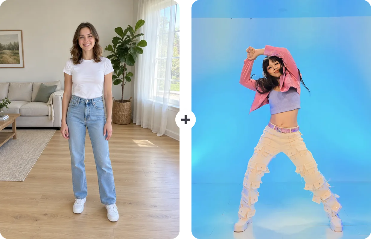 Left: a full-body phone photo of a smiling woman in a white T-shirt and jeans in a sunny living room. Right: the Soda Pop template’s dancer in a pink jacket, arms raised, in a blue-lit studio.
