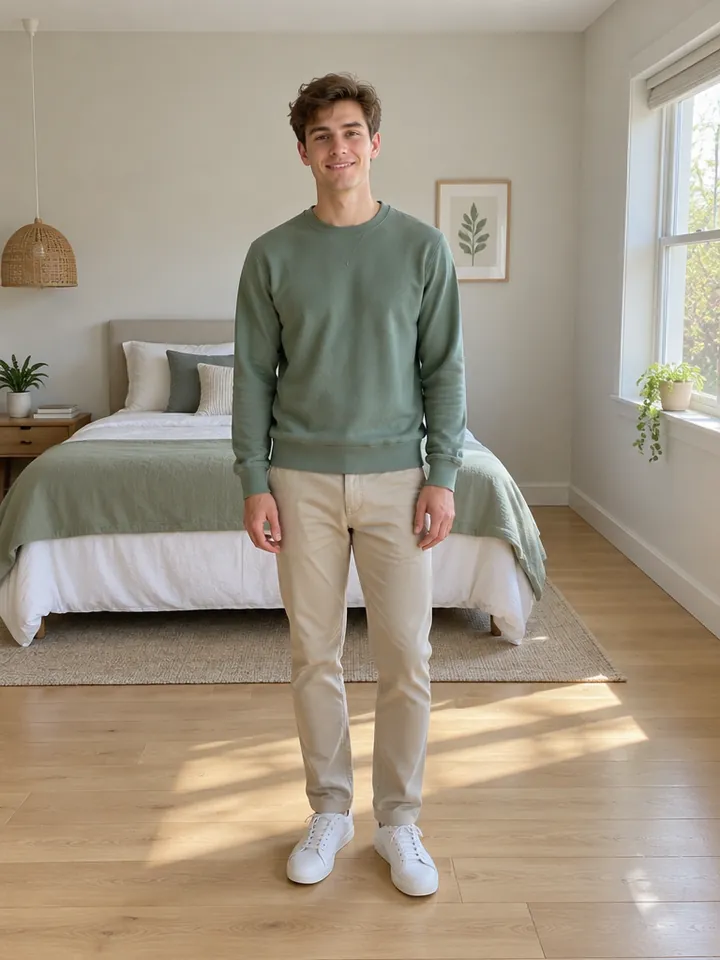 Example upload: a young man in a sage sweatshirt and beige chinos standing head to shoes in a sunny bedroom, with floor around him