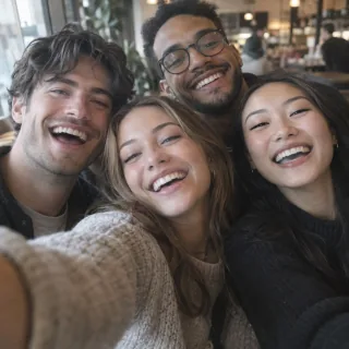 Close group selfie of four laughing friends with overlapping faces in a blurred cafe