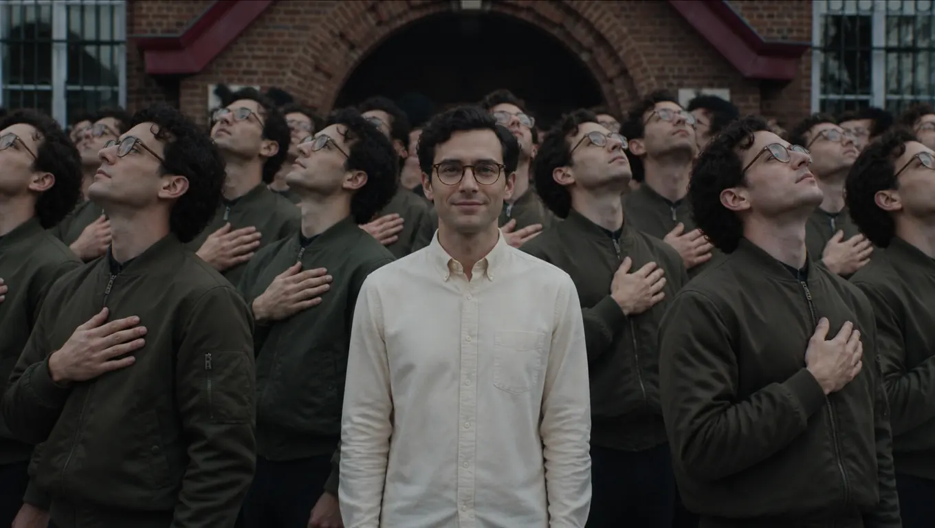 A man in glasses and a cream shirt stands still in front of a red-brick school while a crowd of identical copies of him in olive bomber jackets snaps upright, hands on their chests