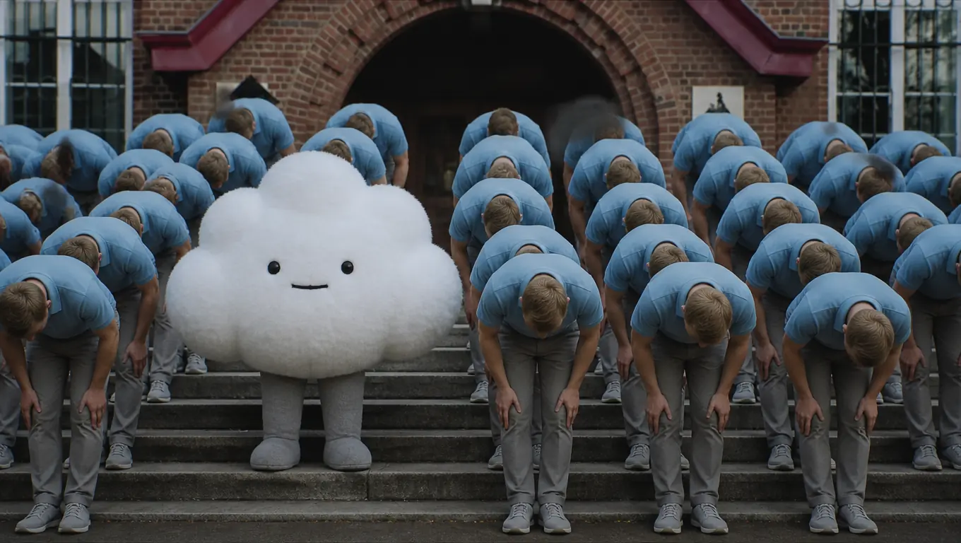 A round white cloud mascot stands still on brick school steps while rows of the same man in a sky-blue polo fold forward around it