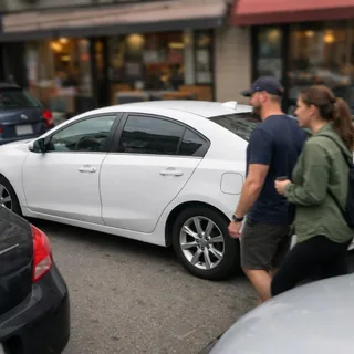 White sedan at a crowded curb with two people walking past