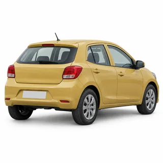 Mustard-yellow hatchback from the rear three-quarter angle on a white background