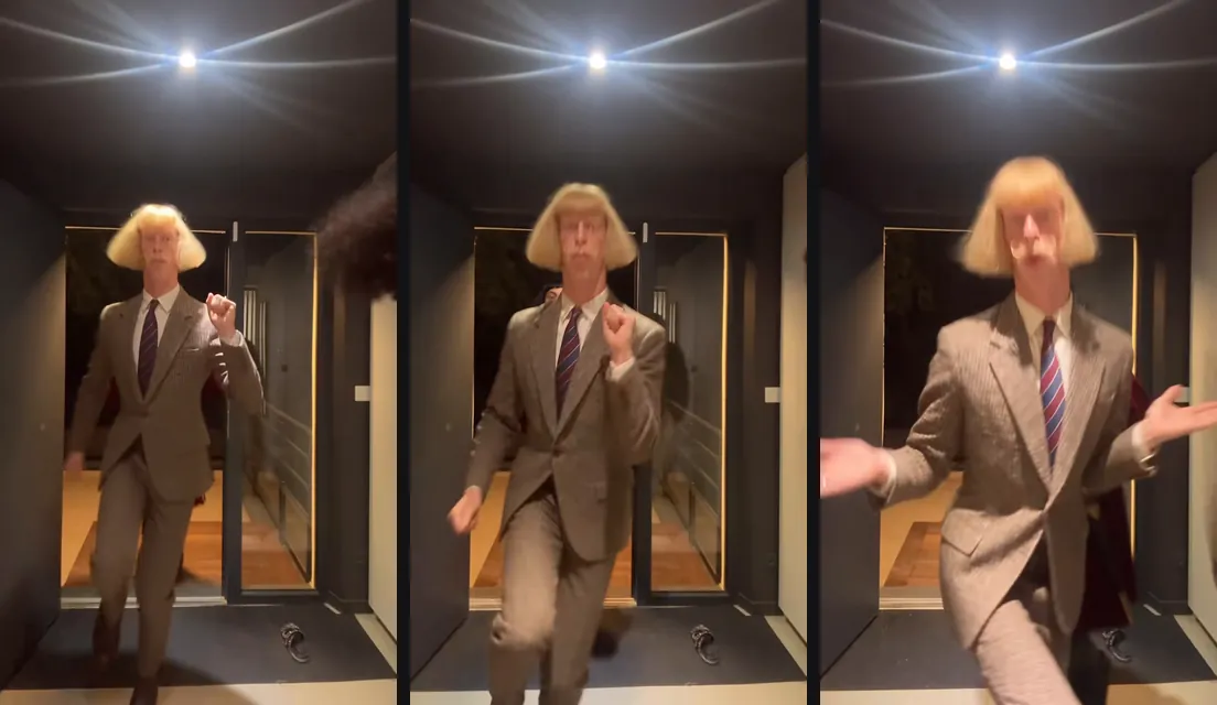 Three trend clip stills: the dancer in a blonde bob wig and brown houndstooth suit hops down the hallway with fists up