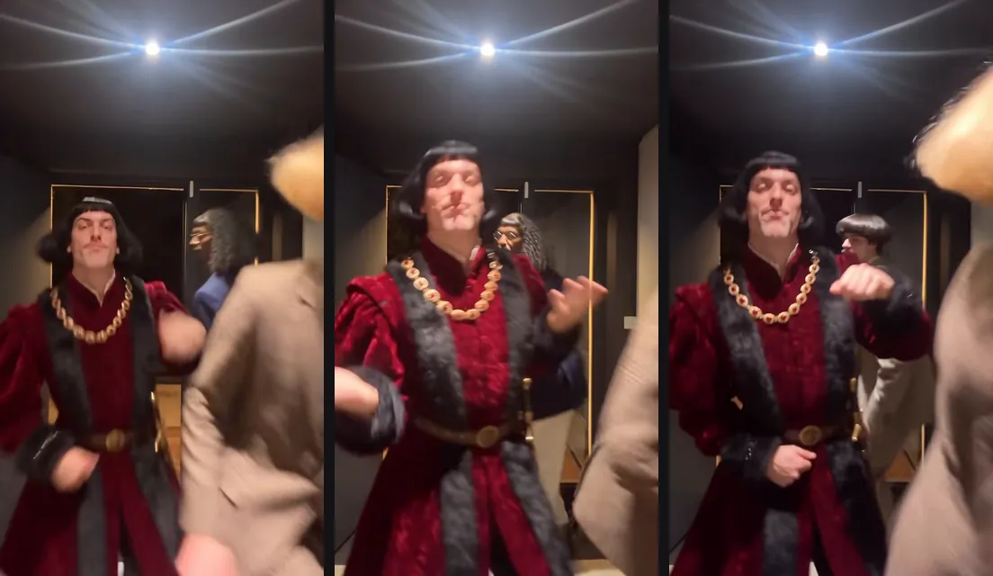 Three trend clip stills: the dancer in a black bob wig, red velvet robe and gold chain knocks on the air close to the camera