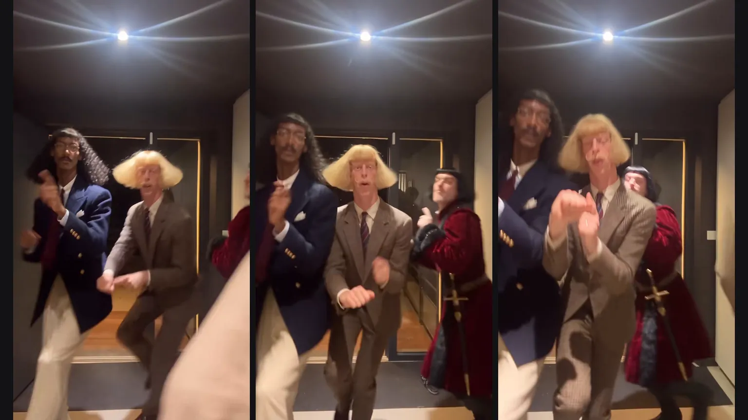 Trend clip stills: the blazer, blonde bob and red robe dancers knock together in the doorway