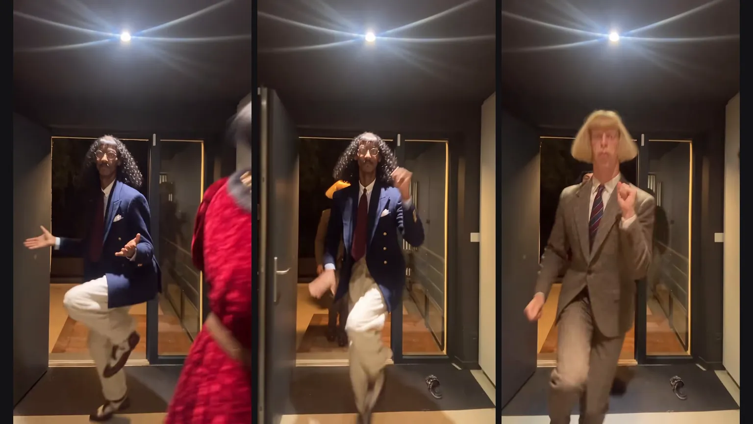 Trend clip stills: dancers hop on one foot with a knee raised in the hallway