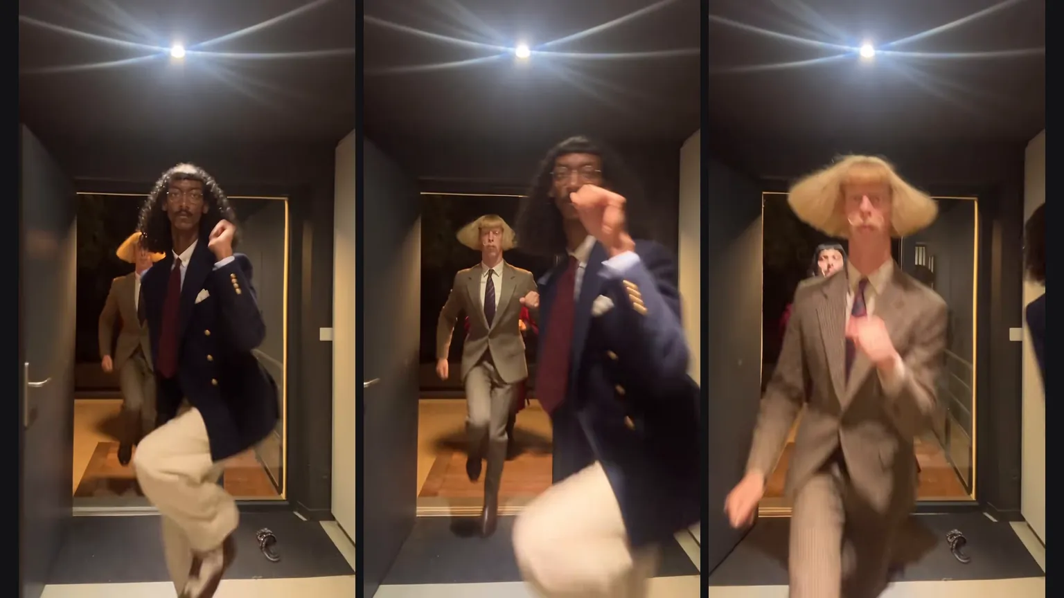 Trend clip stills: the blazer dancer and the blonde bob dancer kick toward the camera