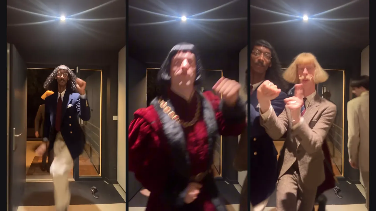 Trend clip stills: the blazer dancer, the red robe dancer and the whole crew knock on the air with raised fists
