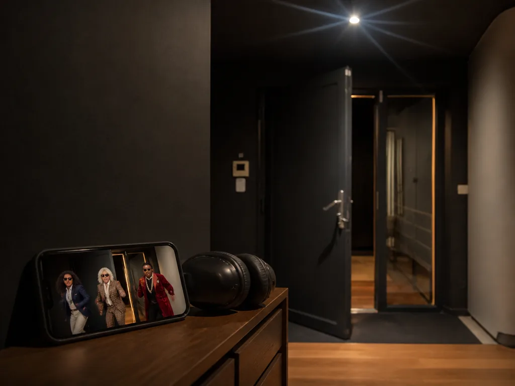 A phone on a wooden hall table shows three costumed dancers in a doorway, next to a pair of headphones