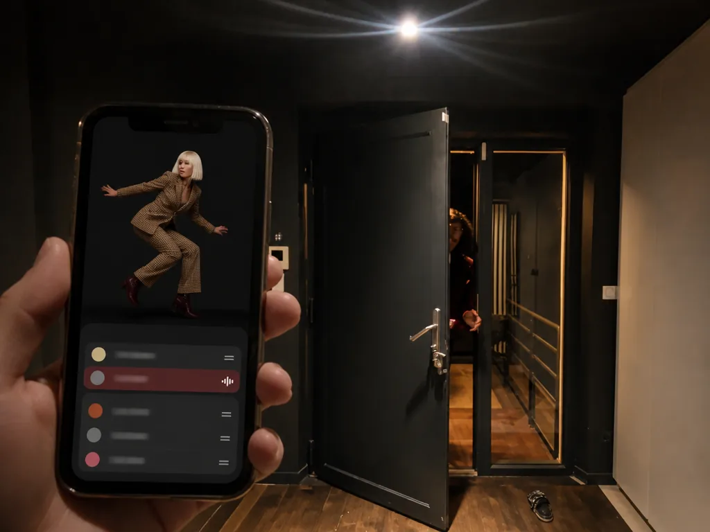 A hand holds a phone in a dark hallway by an open door; the screen shows a dancer in a blonde bob wig above a music picker
