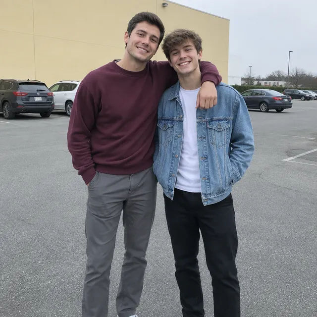 Two brothers grinning in a grey parking lot, the older one in a burgundy sweatshirt with an arm around the younger one in a denim jacket