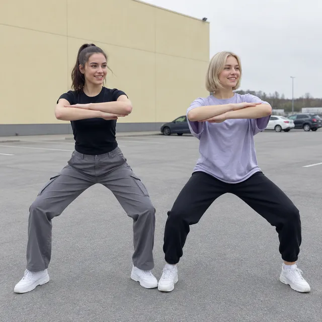 Two young women in sportswear in a low wide stance in a grey parking lot, forearms stacked in front of their chests