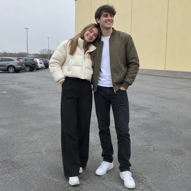 A young couple in a grey parking lot: she leans her head on his shoulder in a cream puffer jacket, he wears an olive bomber jacket