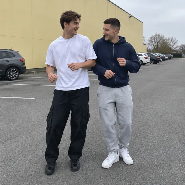 Two young men laughing and bumping shoulders in an empty grey parking lot, one in a white tee and black cargo trousers, one in a navy hoodie and grey joggers