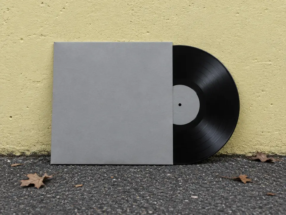 A plain black 12-inch record half out of a blank grey sleeve, leaning on a pale-yellow wall above grey asphalt