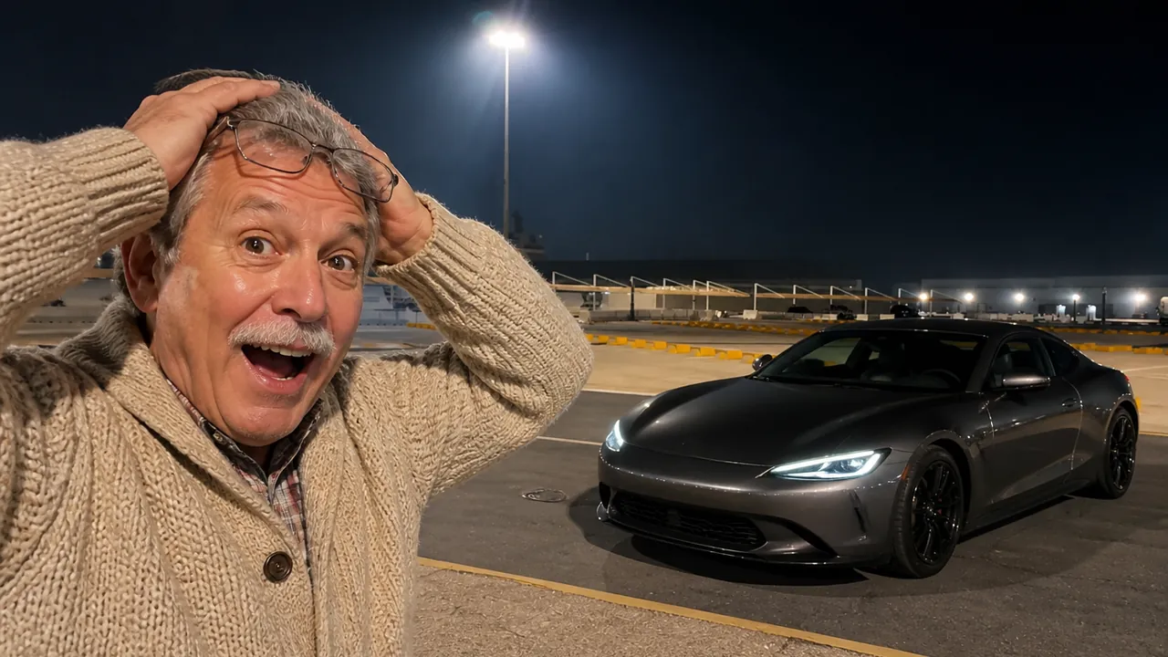 An older man in a knit cardigan holds his head in delighted disbelief in a floodlit parking lot, a grey sports car parked behind him