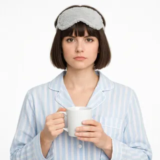 A woman in striped pajamas with a sleep mask pushed up on her head, holding a mug, on a white background