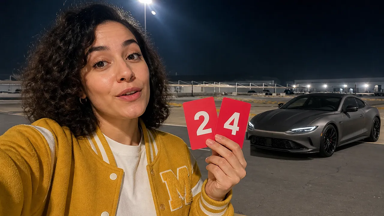 The same shot with a grey sports car now parked behind her on the right