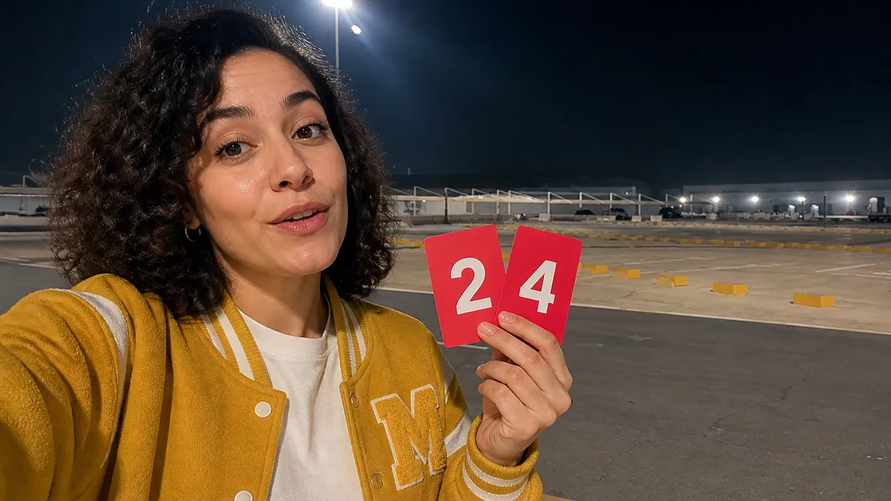 A woman in a yellow varsity jacket talks to the camera holding red cards with a 2 and a 4, the floodlit parking lot behind her empty