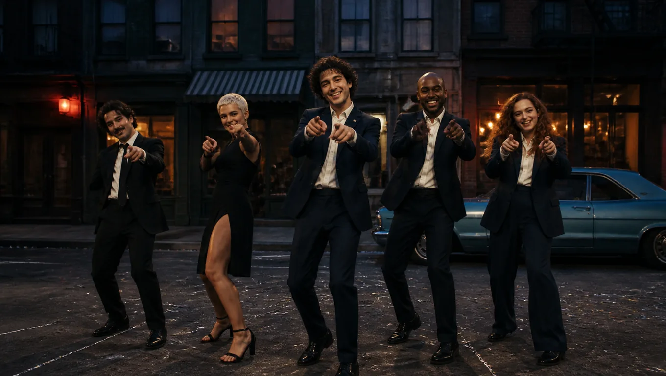 Five friends dancing on a dusk street with paper streamers on the asphalt: a curly-haired man in a navy suit points at the camera while four friends behind him shimmy