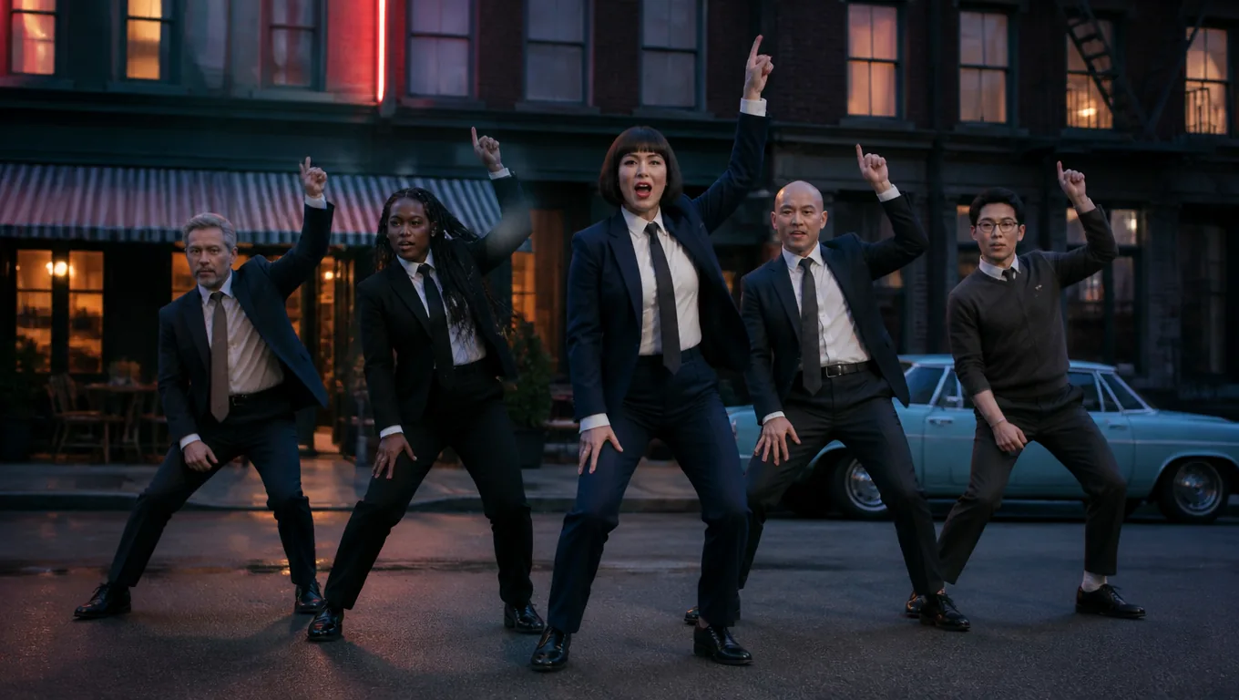 Five coworkers dancing down a city street at dusk: a woman with a black bob in a navy suit and blue tie leads, four teammates in suits and a grey sweater copy her move