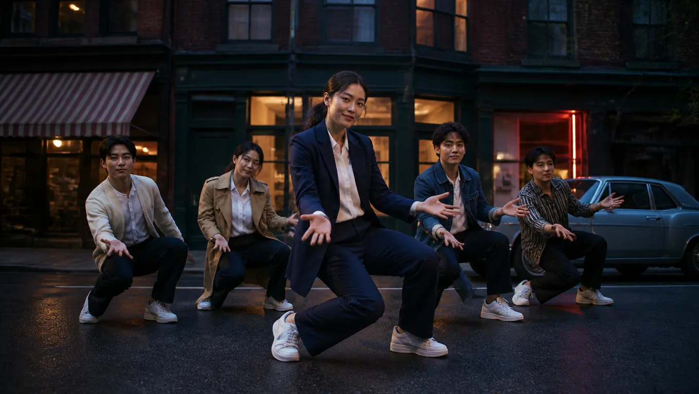 A startup team crouching in a street-dance pose at dusk: a woman founder in a navy suit and white sneakers in front, four teammates in a cardigan, a trench coat, a denim jacket and a striped shirt around her