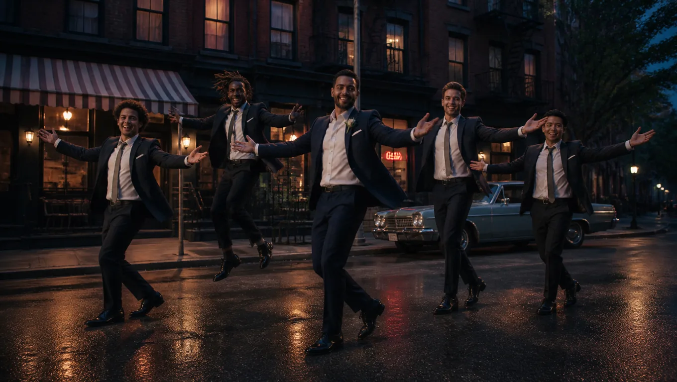 A groom in a navy suit with a white boutonniere spins on a dusk street while four groomsmen in charcoal suits strike the same pose behind him