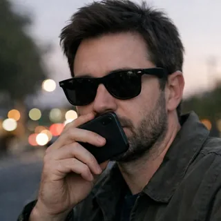 A man in sunglasses holding a phone in front of his face