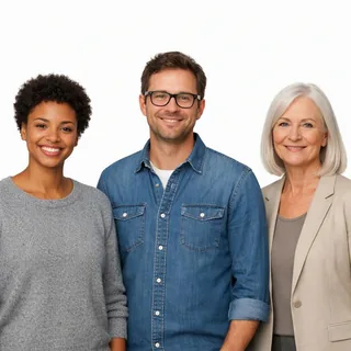 Three friends standing side by side on a white background, every face visible