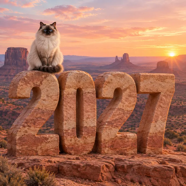 一只蓬松的布偶猫坐在红岩台地上巨型砂岩 2027 的顶上，背景是桃色日出