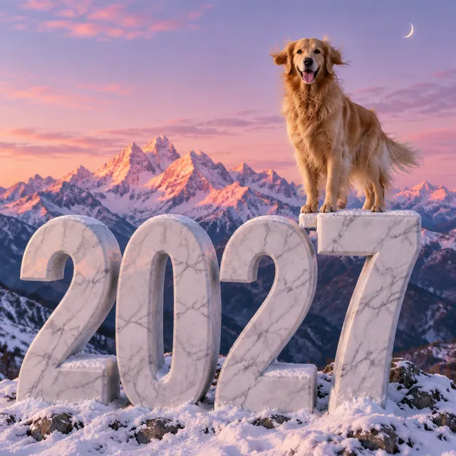 金毛犬站在巨型白色大理石 2027 的“7”顶上，身后雪山在黄昏里泛着粉色