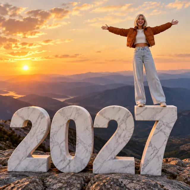 铂金短发、穿锈橙色羽绒短外套的年轻女生张开双臂，站在金色日落上方的巨型白色大理石 2027 上