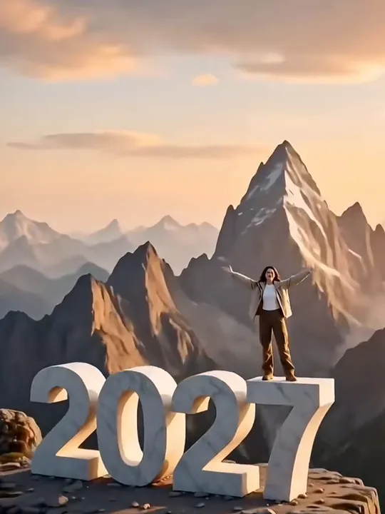 穿米色外套的女生张开双臂站在山顶巨型白色大理石 2027 的“7”上，身后是尖峰和桃色日落天空