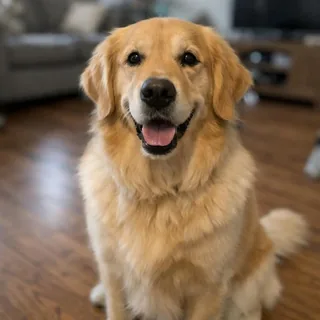 坐在木地板上的金毛犬照片